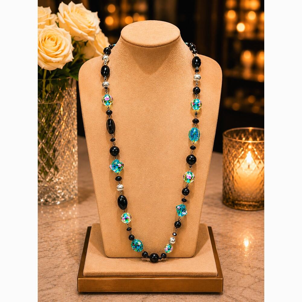Murano Inspired Lampwork Glass Crystal Necklace 37"